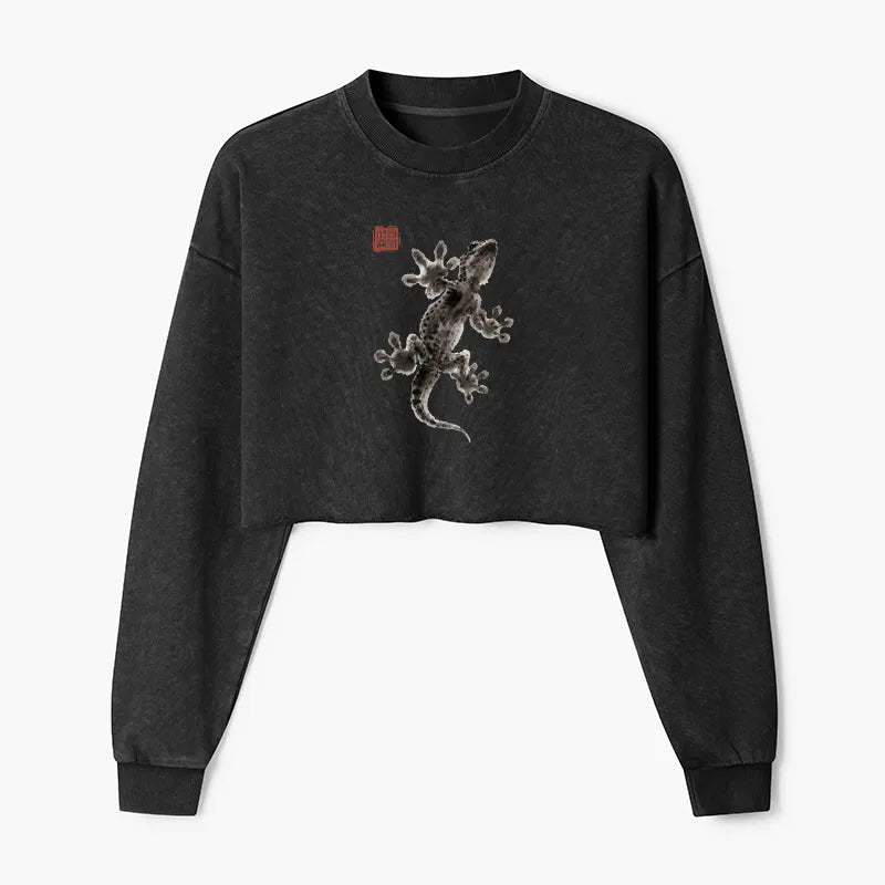 Kyoto-Lion Minimal Asian Ink Brush Gecko Vibe Washed Crop Sweatshirt