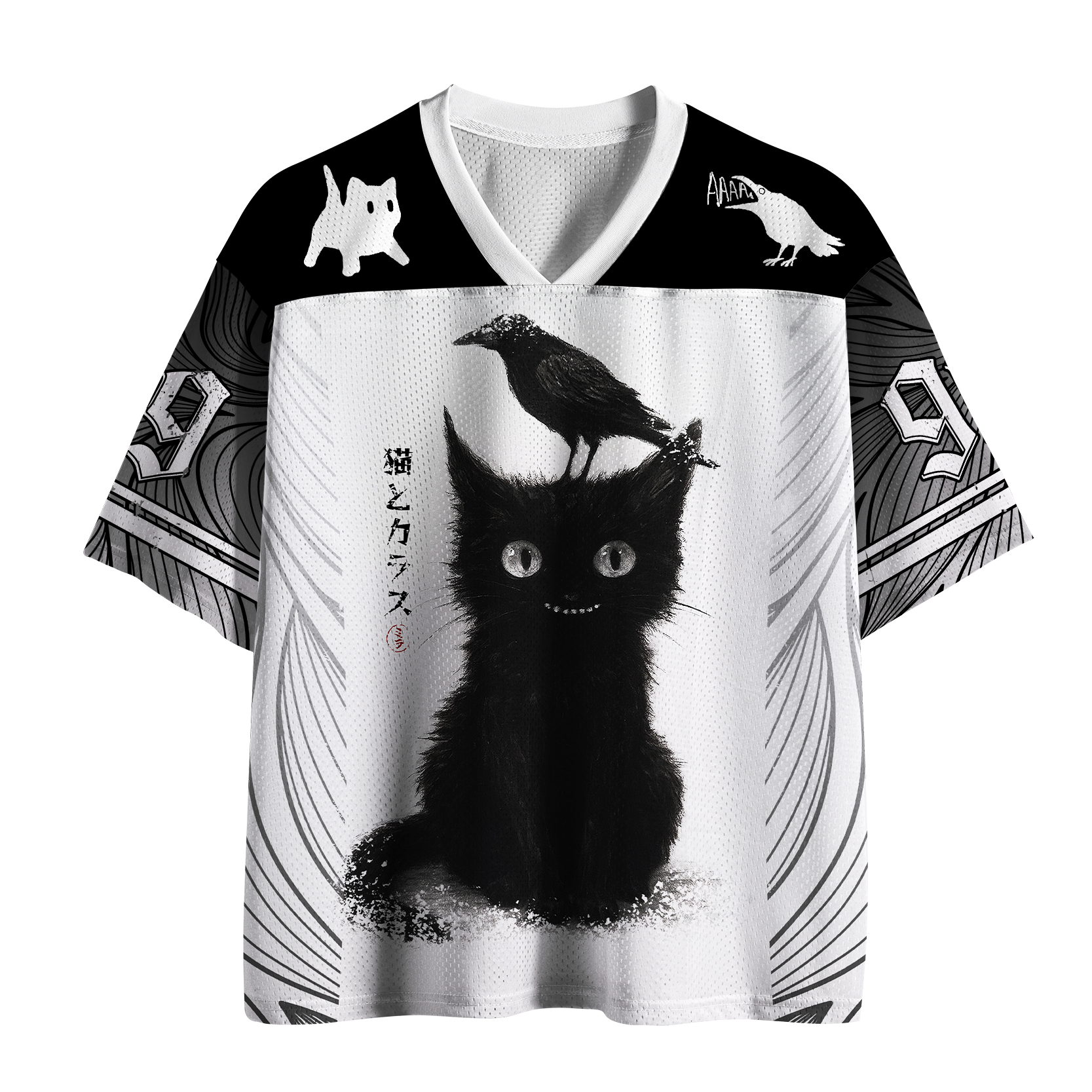Kyoto-Lion Spooky Cute Fluffy Black Cat and Crow Mesh Jersey