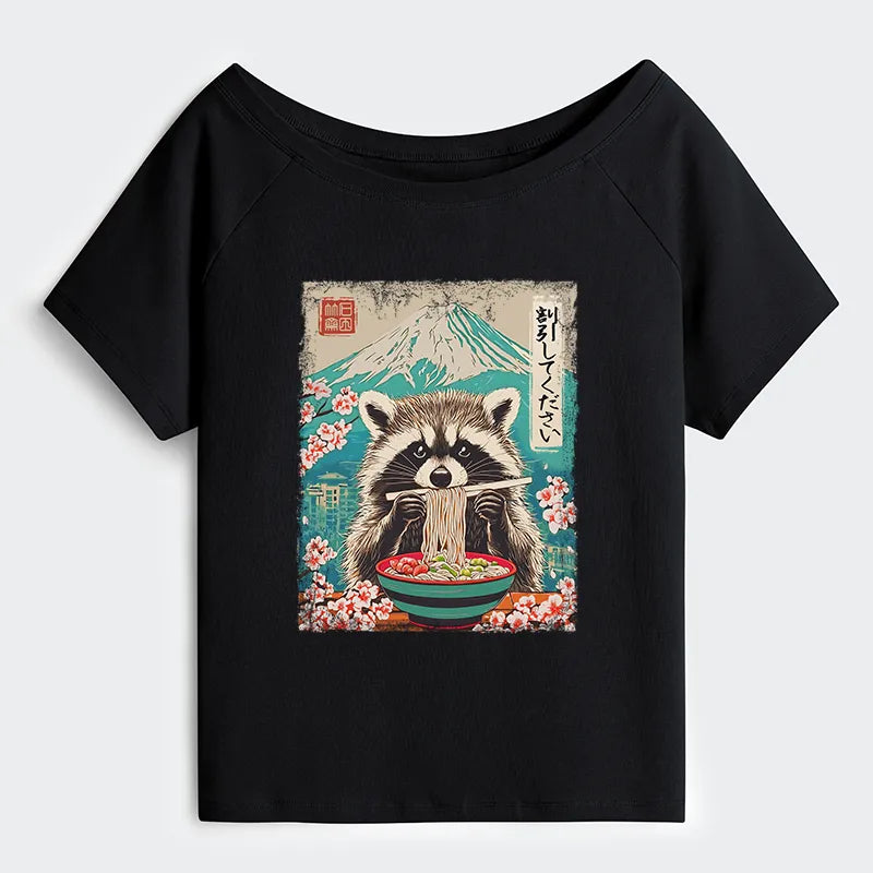 Kyoto-Lion Please Give Raccoon A Discount Off Shoulder T-Shirt