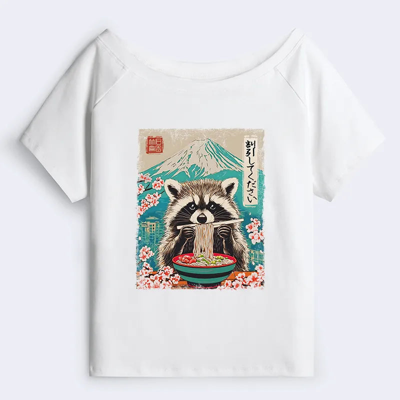 Kyoto-Lion Please Give Raccoon A Discount Off Shoulder T-Shirt
