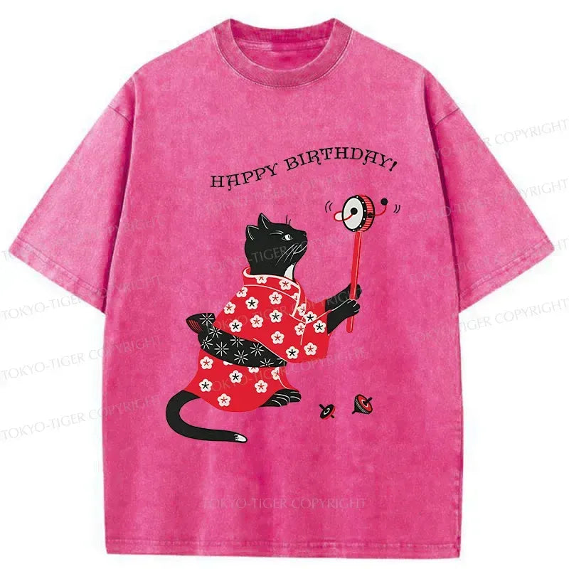 Japanese Cat Washed T-Shirt for Gift
