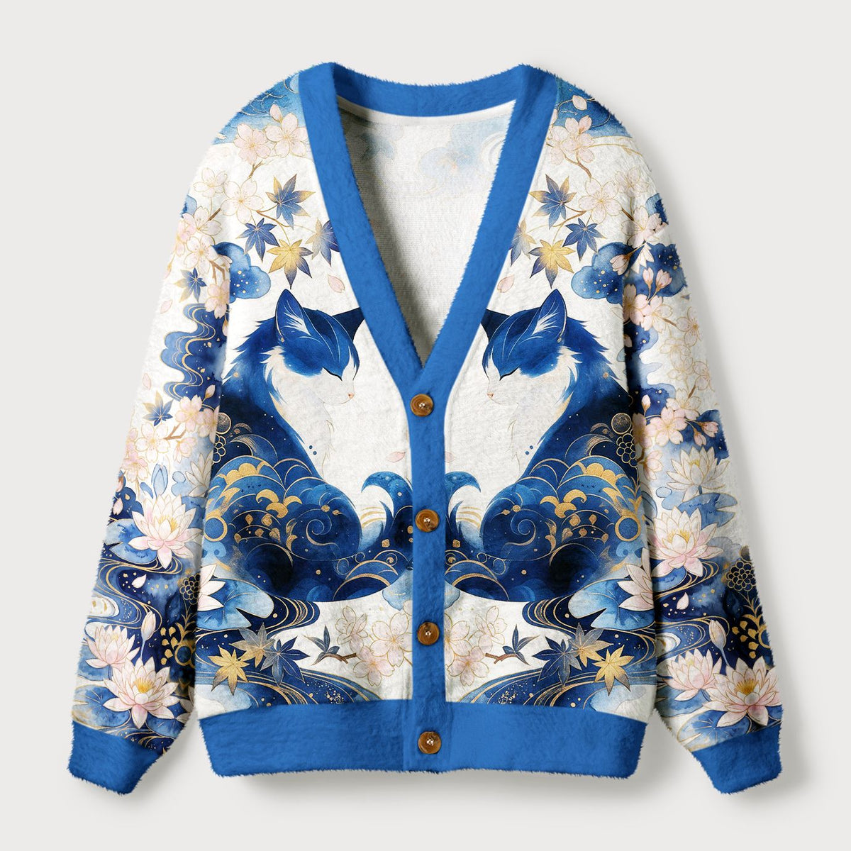 Kyoto-Lion Retro Zen Cat: Living the Present Ugly Cardigan Sweater