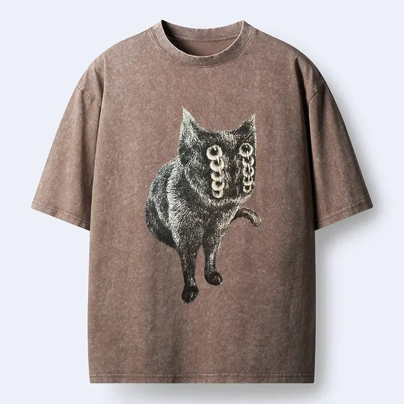 Japanese Vintage Cat Washed T-Shirt for Daily Wear