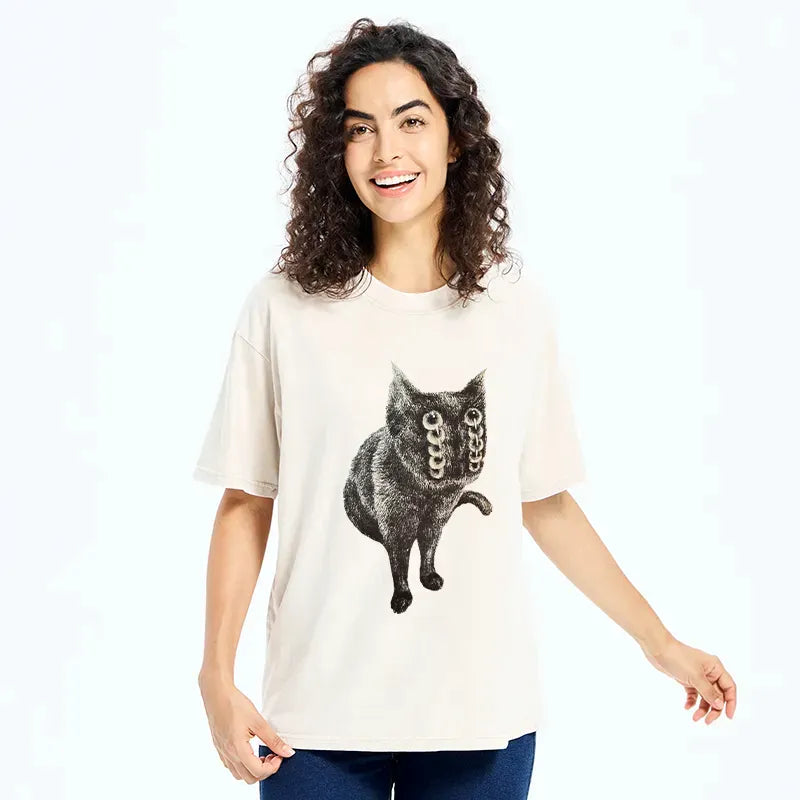 Japanese Vintage Cat Washed T-Shirt for Daily Wear