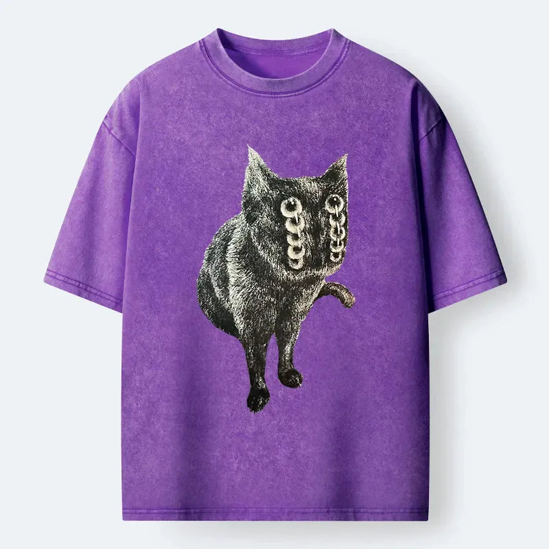 Japanese Vintage Cat Washed T-Shirt for Daily Wear