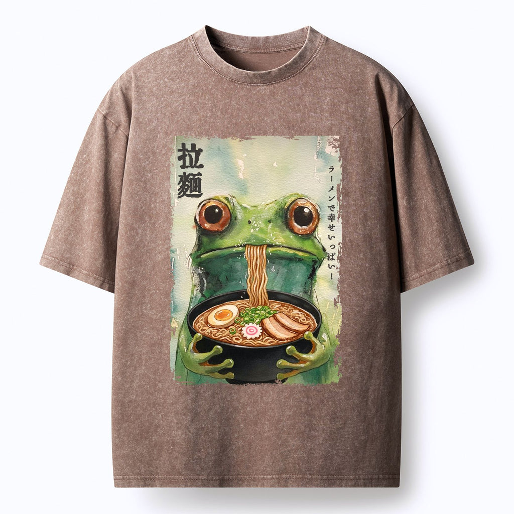 Washed Cotton T-Shirt with Frog Eating Ramen