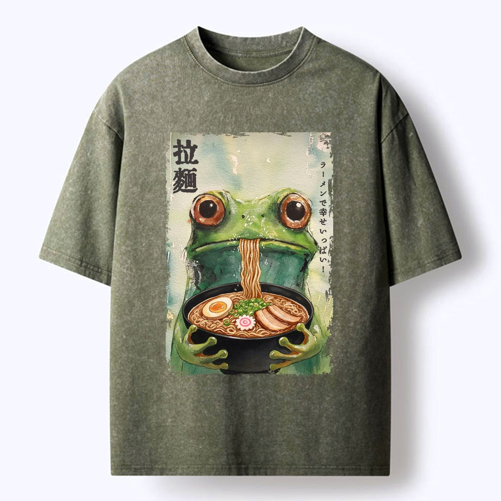 Washed Cotton T-Shirt with Frog Eating Ramen