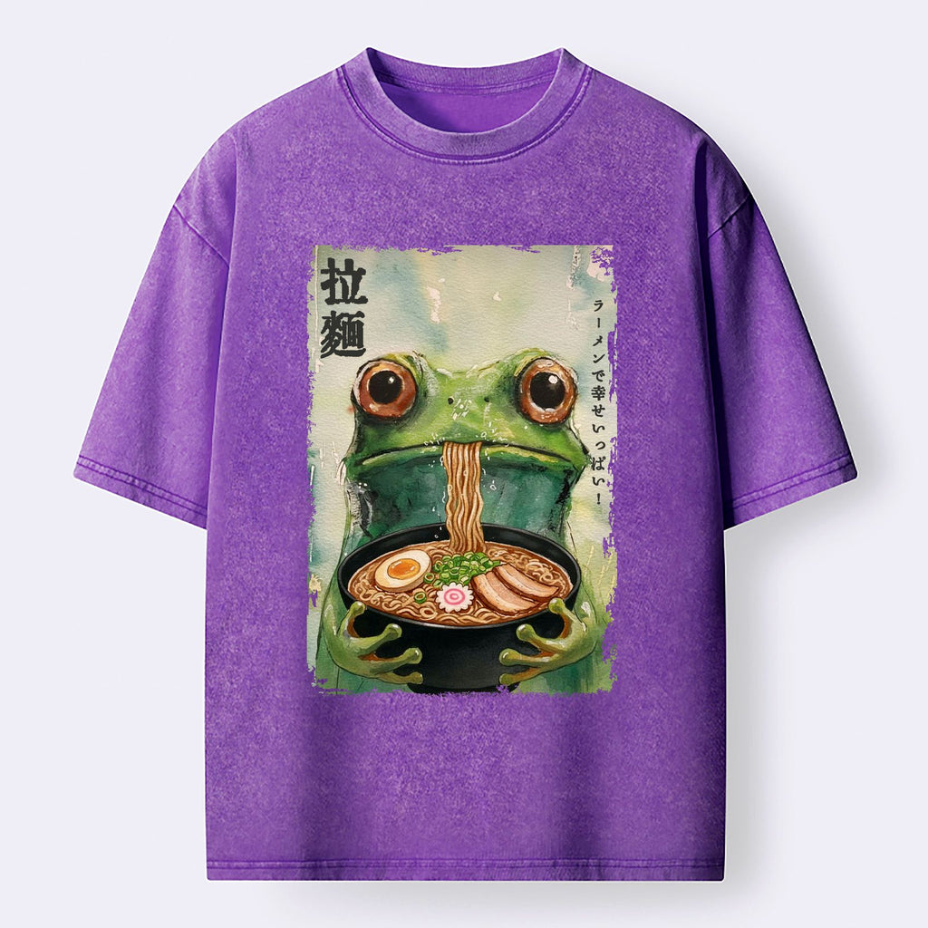 Washed Cotton T-Shirt with Frog Eating Ramen