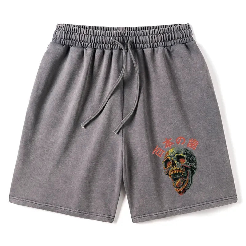 Kyoto-Lion Terrifying And Disgusting Skull Washed Shorts