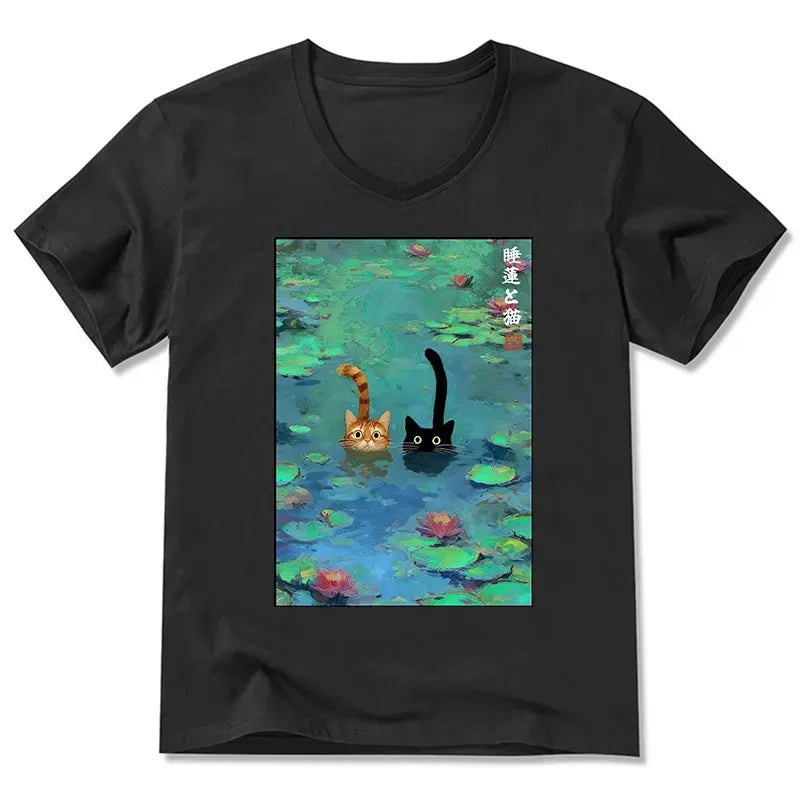 Vintage Cat V-Neck T-Shirt for Summer