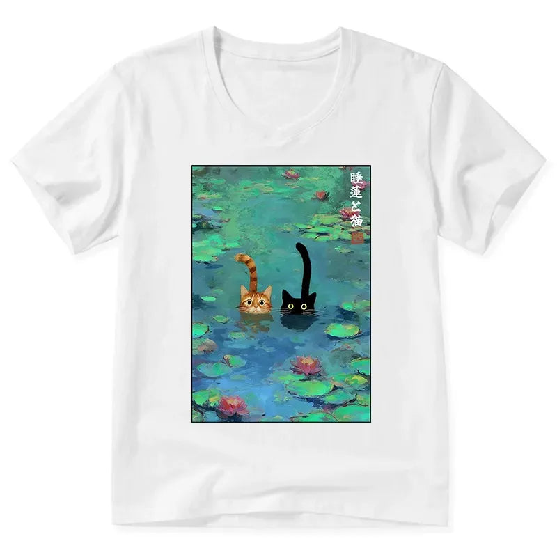Vintage Cat V-Neck T-Shirt for Summer