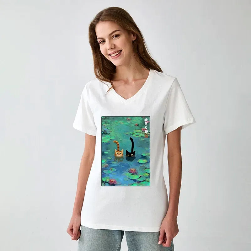 Vintage Cat V-Neck T-Shirt for Summer
