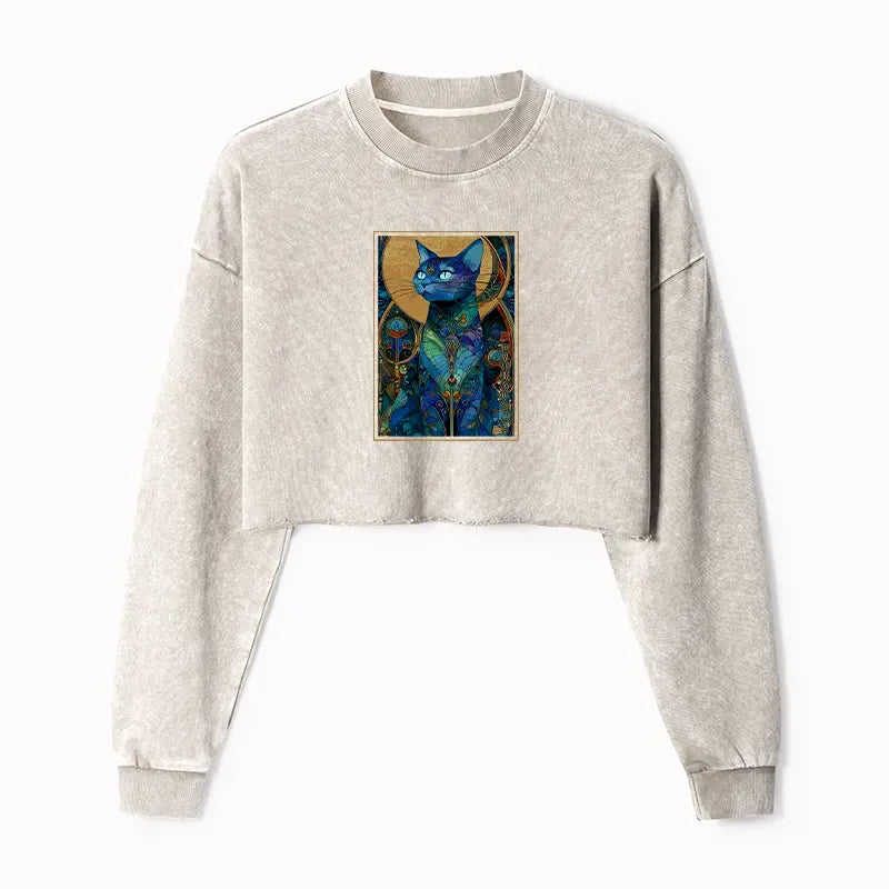 washed crop sweatshirt with cat design