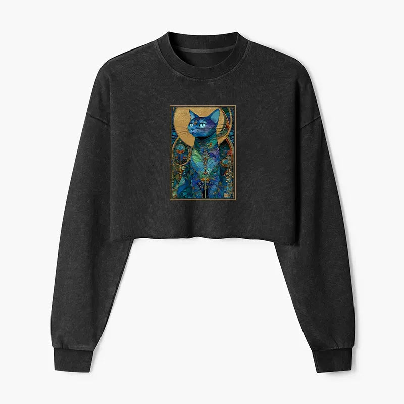 washed crop sweatshirt with cat design