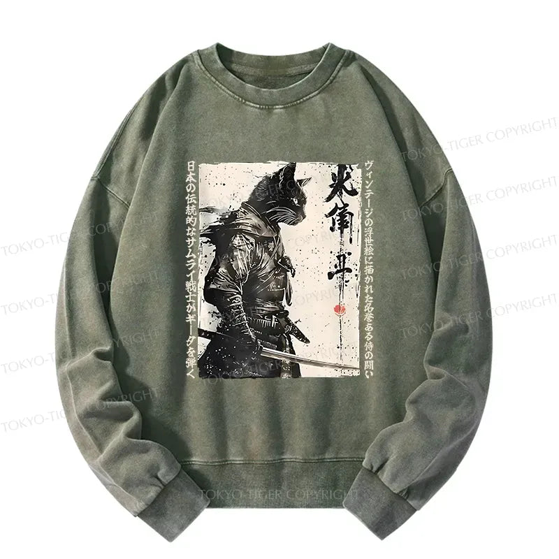 Kyoto-Lion Cat Samurai Retro Washed Sweatshirt