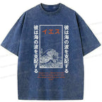 Japanese Stormy Waves Washed T-Shirt for Summer