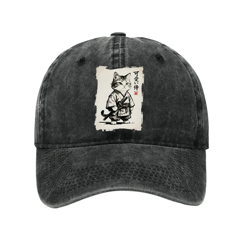 Kyoto-Lion Japanese Samurai Cat Illustration Washed Cap