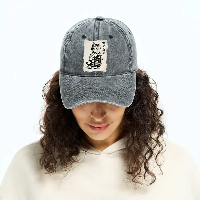 Kyoto-Lion Japanese Samurai Cat Illustration Washed Cap