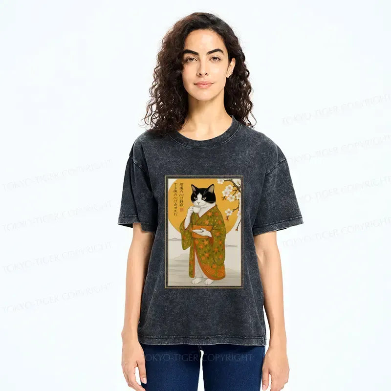 Japanese Cat Serene Tea Washed T-Shirt