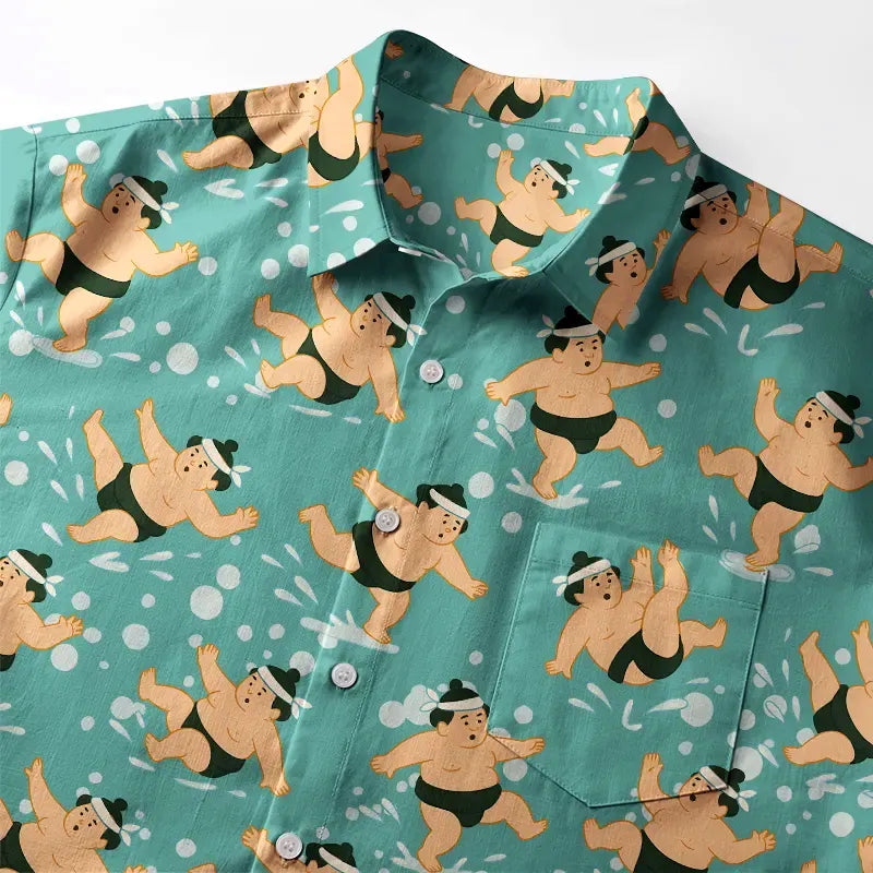 Kyoto-Lion Funny Slipping Sumo Button-up Shirt