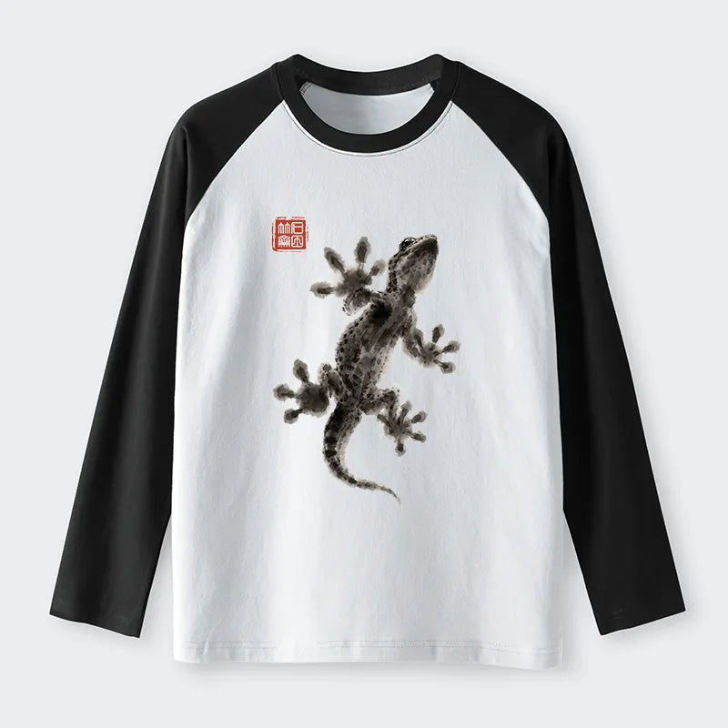 Kyoto-Lion Minimal Asian Ink Brush Gecko Vibe Raglan Long Sleeve T-shirt