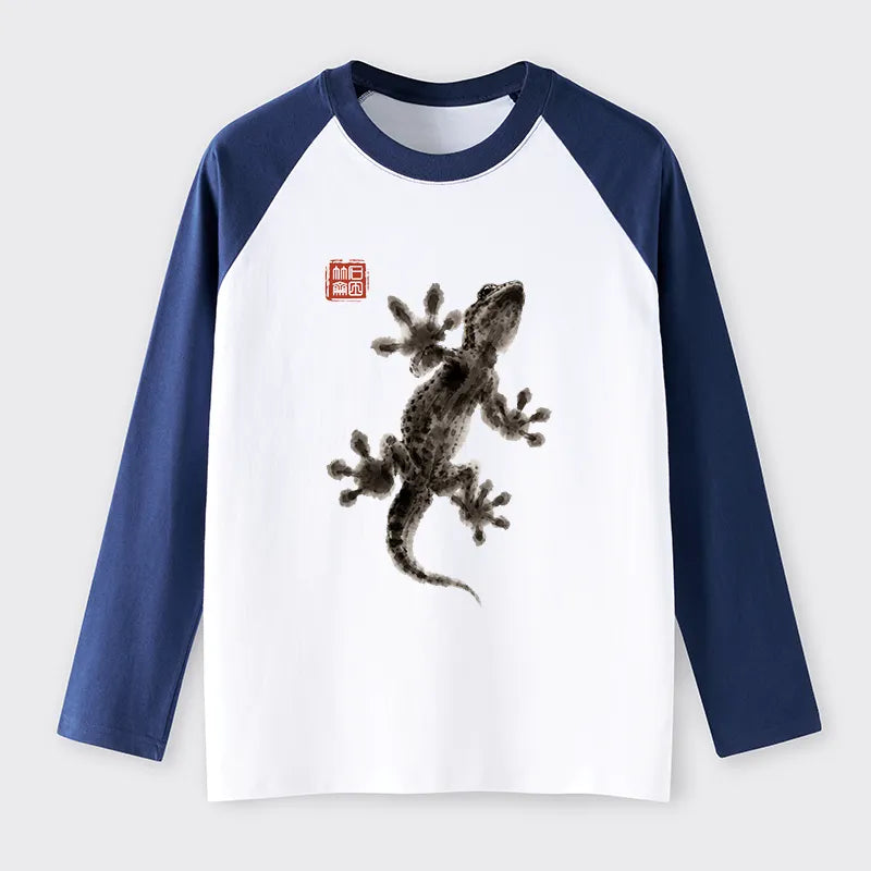 Kyoto-Lion Minimal Asian Ink Brush Gecko Vibe Raglan Long Sleeve T-shirt