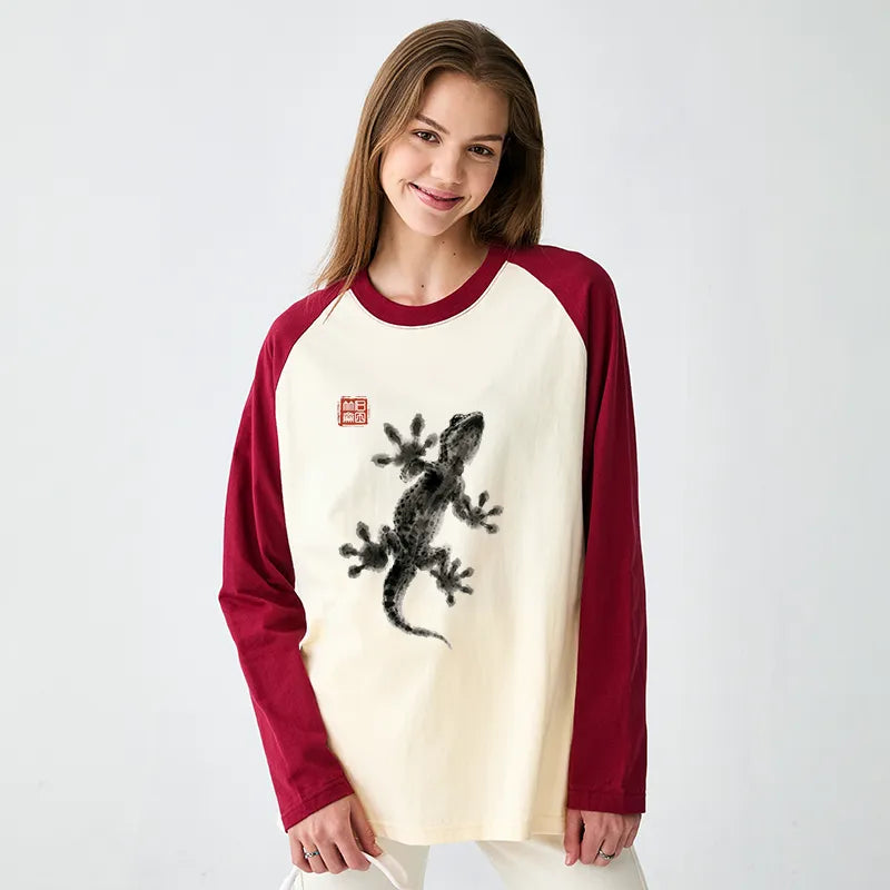Kyoto-Lion Minimal Asian Ink Brush Gecko Vibe Raglan Long Sleeve T-shirt