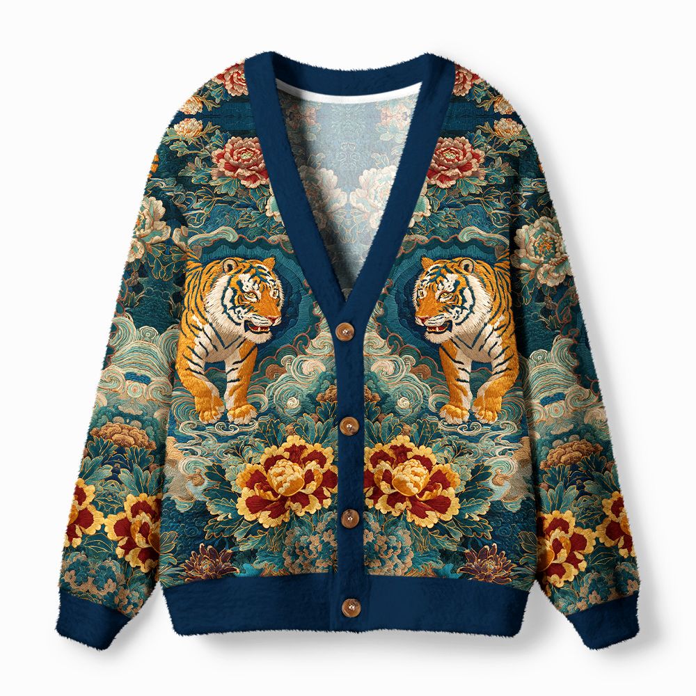 Kyoto-Lion Imperial Tiger Tapestry Ugly Cardigan Sweater