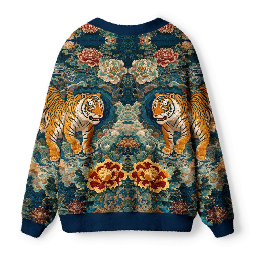 Kyoto-Lion Imperial Tiger Tapestry Ugly Cardigan Sweater