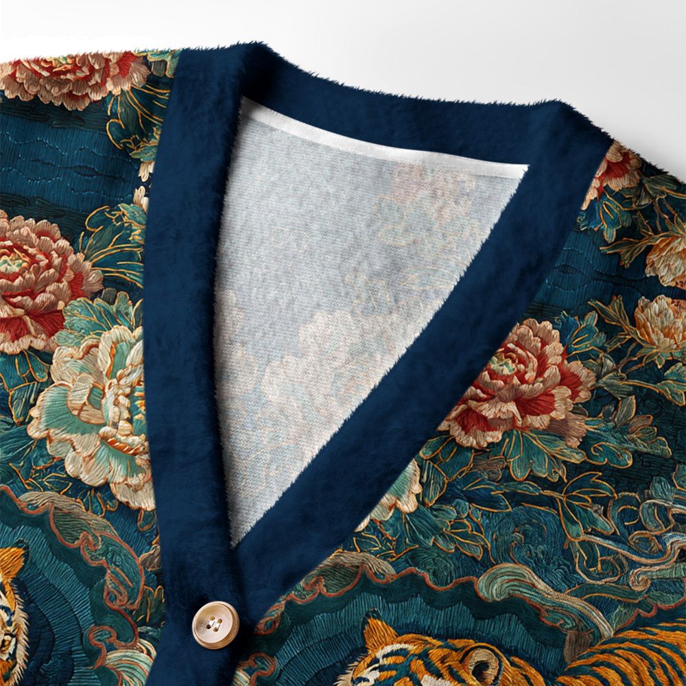 Kyoto-Lion Imperial Tiger Tapestry Ugly Cardigan Sweater