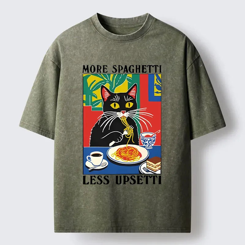 Kyoto-Lion Black Cat Ate Spaghetti Washed T-Shirt