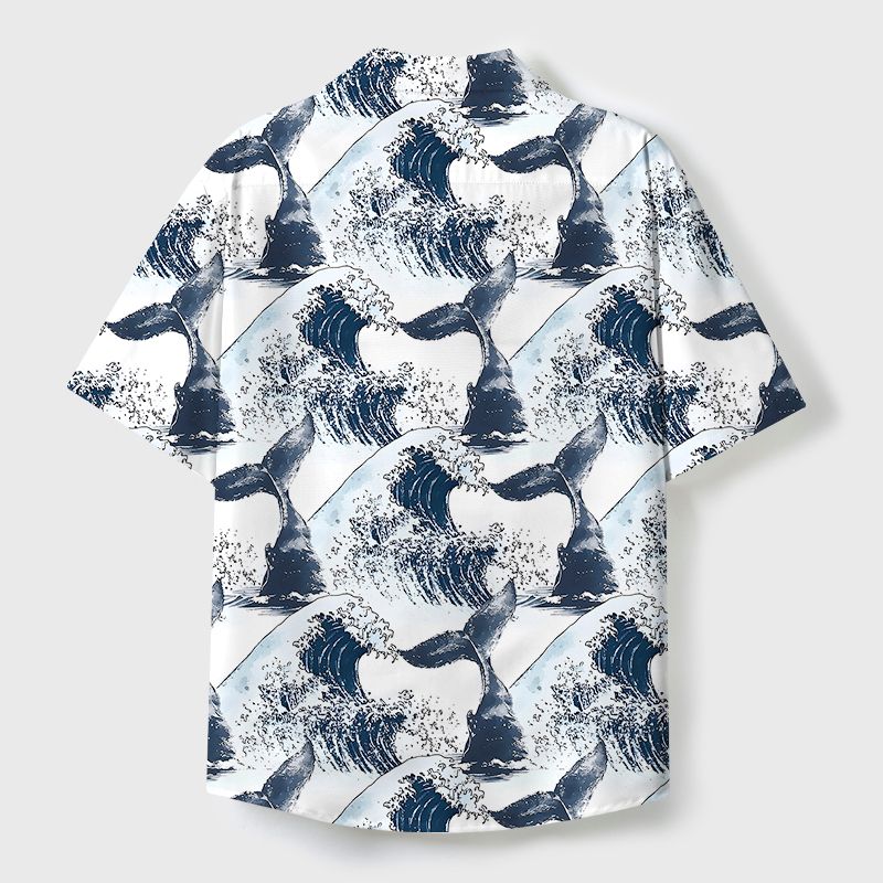 Kyoto-Lion Whale Tail Wave Art Cuban Collar Shirt