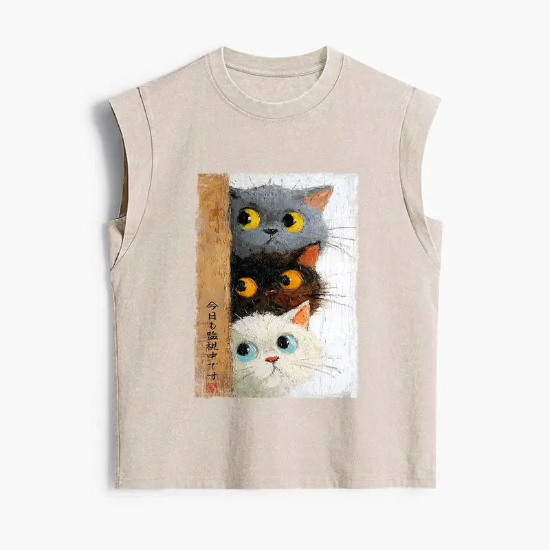 Kyoto-Lion Three Cute Cats Watch You Women's Washed Tank Tops