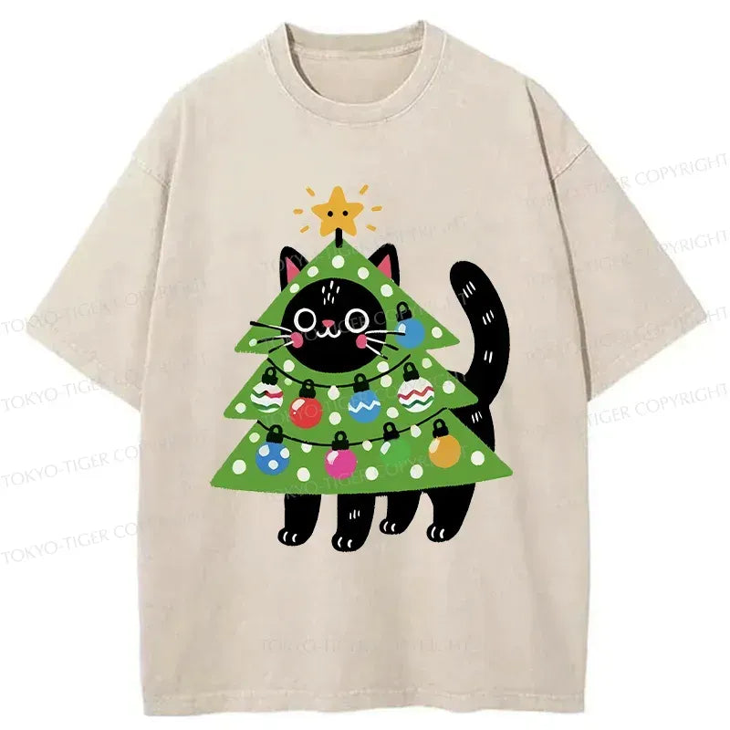 Kyoto-Lion Christmas Tree Cat Washed T-Shirt