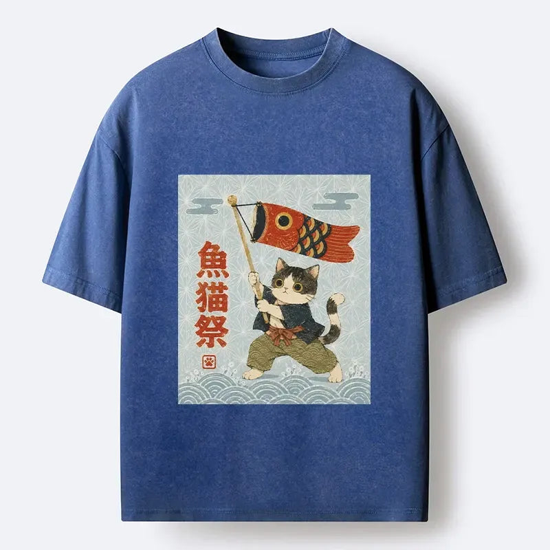 Kyoto-Lion Koinobori Festival Cat Japanese Print Washed T-Shirt