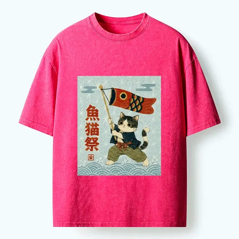 washed ukiyo-e cat tee for daily wear