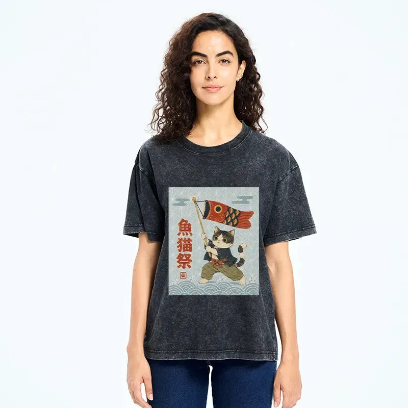 Kyoto-Lion Koinobori Festival Cat Japanese Print Washed T-Shirt
