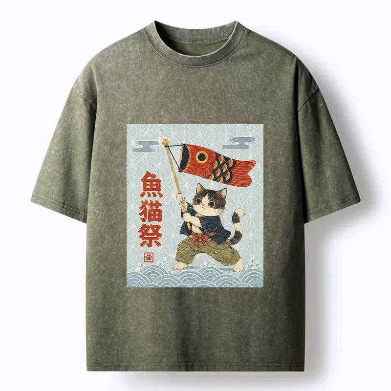 washed ukiyo-e cat tee for daily wear