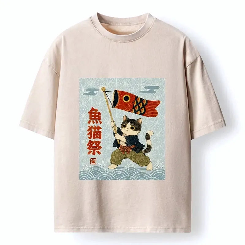 washed ukiyo-e cat tee for daily wear