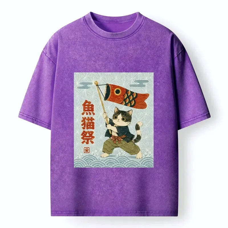 washed ukiyo-e cat tee for daily wear