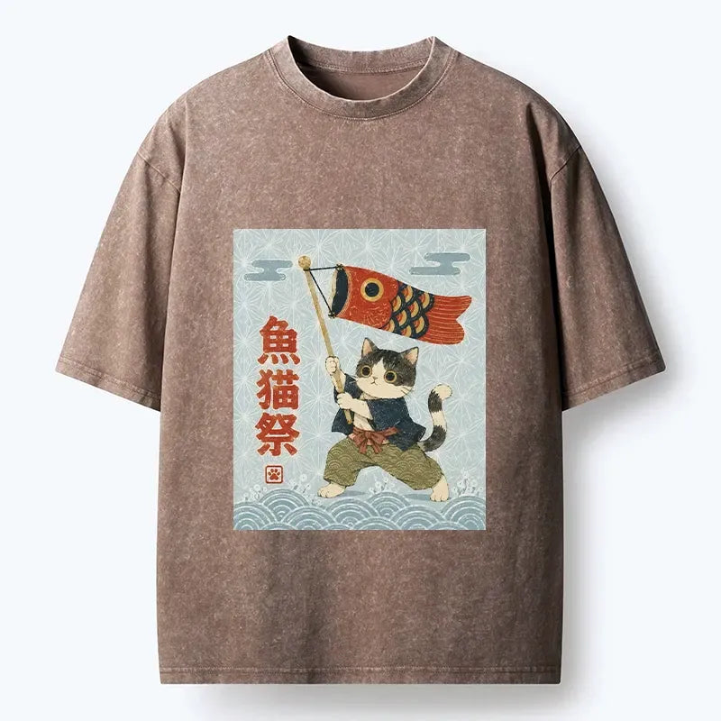 Japanese cat print t-shirt for streetwear