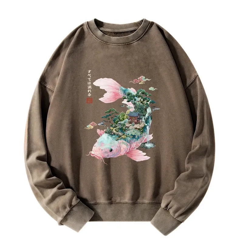Japanese Koi Washed Sweatshirt for Streetwear