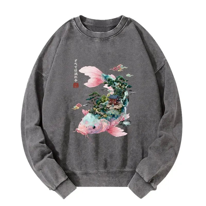 Japanese Koi Washed Sweatshirt for Streetwear