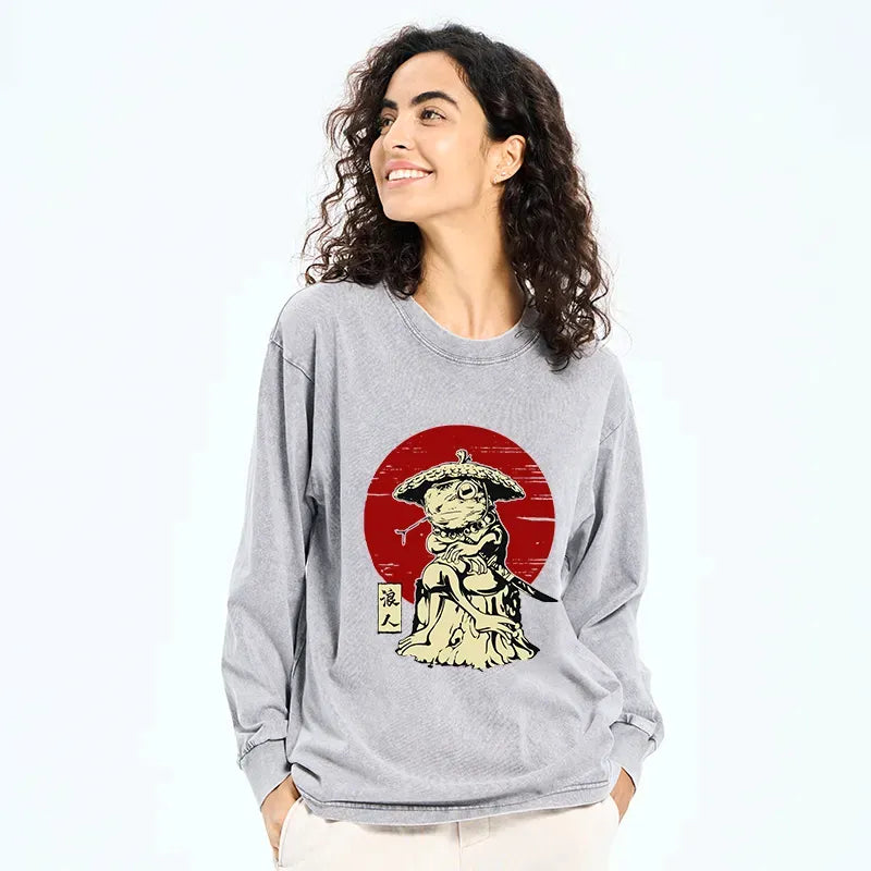 Kyoto-Lion Rounin Japanese Frog Samurai Washed Long Sleeve T-Shirt