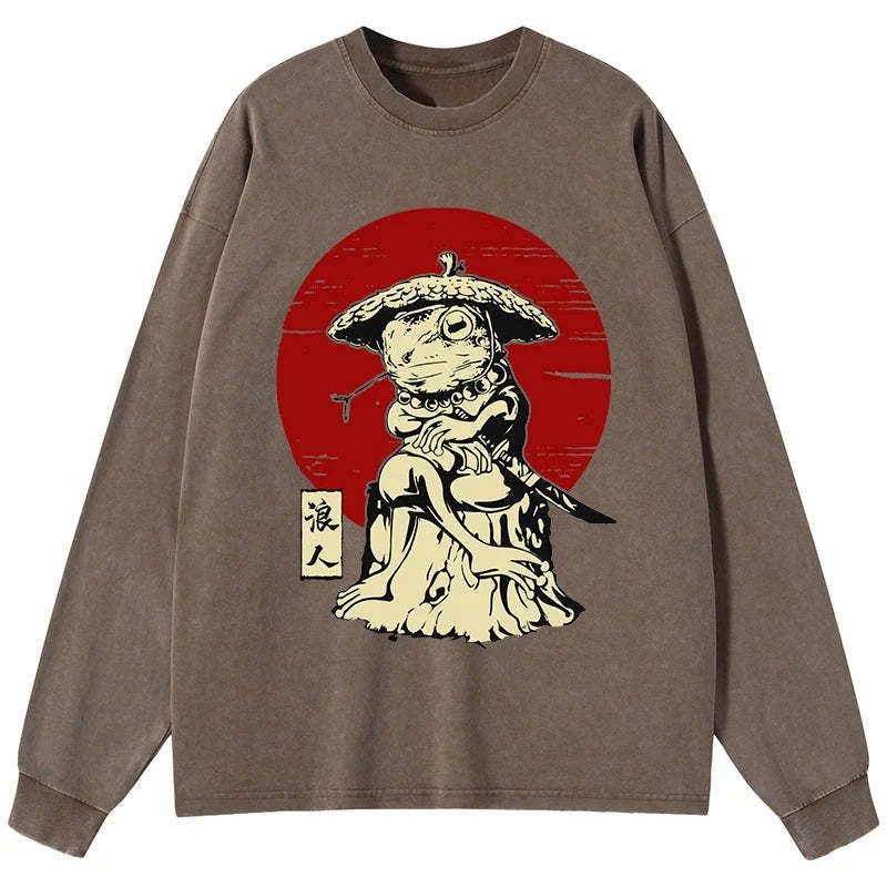 Kyoto-Lion Rounin Japanese Frog Samurai Washed Long Sleeve T-Shirt