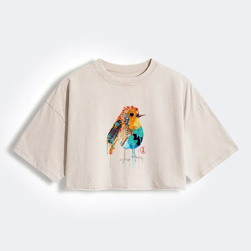 Kyoto-Lion Sparkly Wild Bird Women's Washed Crop T-Shirt