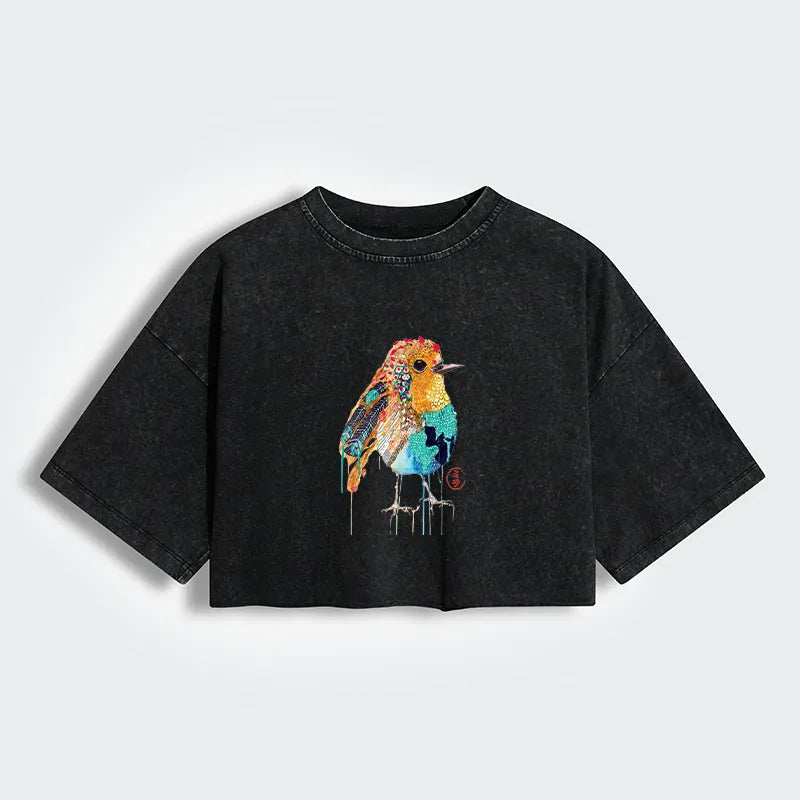 Kyoto-Lion Sparkly Wild Bird Women's Washed Crop T-Shirt