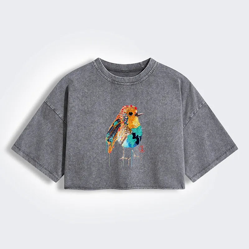 Kyoto-Lion Sparkly Wild Bird Women's Washed Crop T-Shirt
