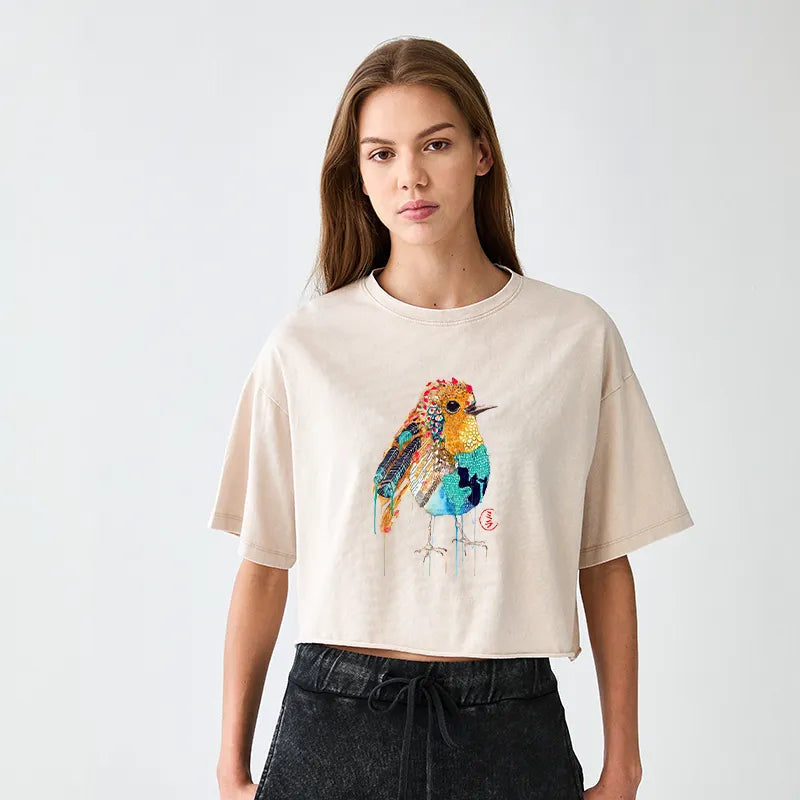 Kyoto-Lion Sparkly Wild Bird Women's Washed Crop T-Shirt
