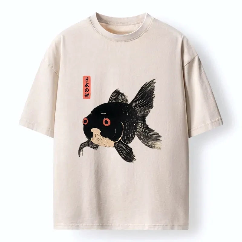 Kyoto-Lion Japanese Black Goldfish Art Washed T-Shirt